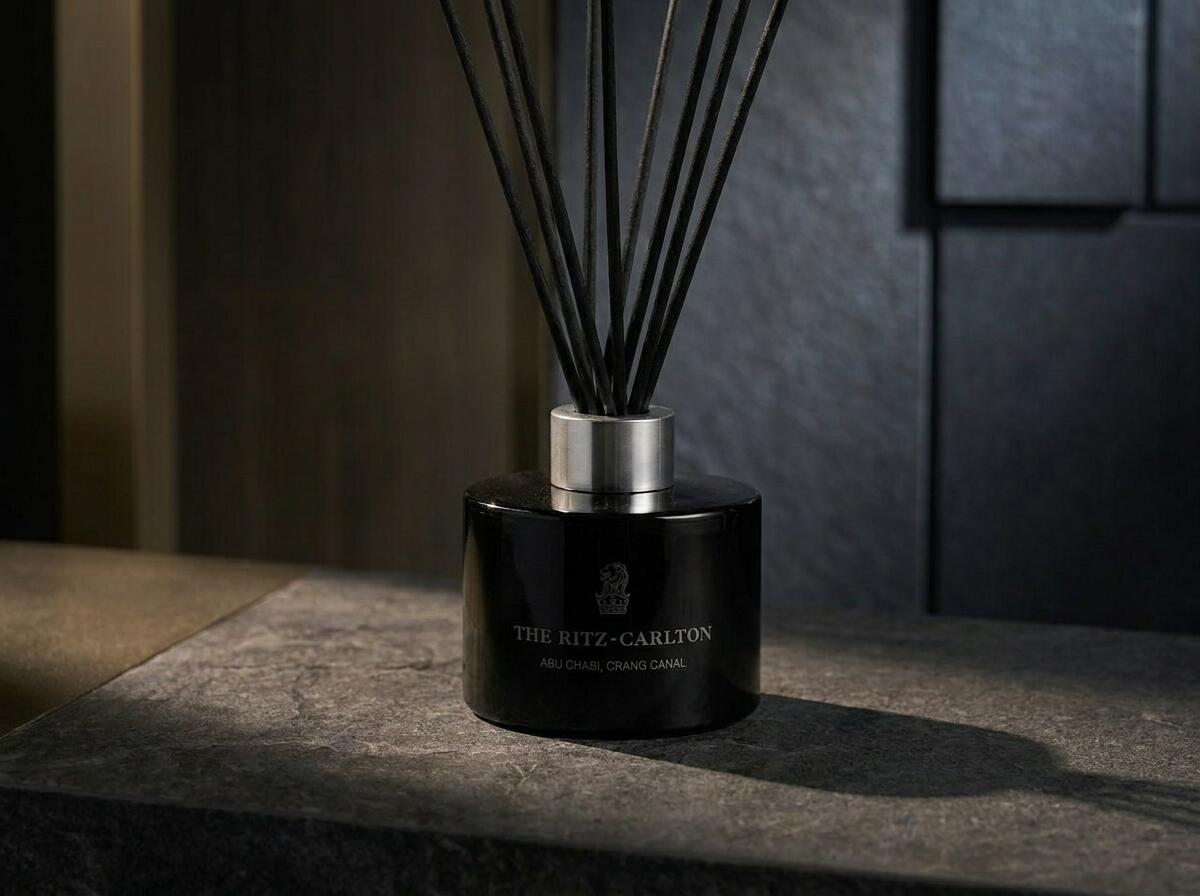 Ritz Carlton custom reed diffuser display — luxury fragrance branding UAE